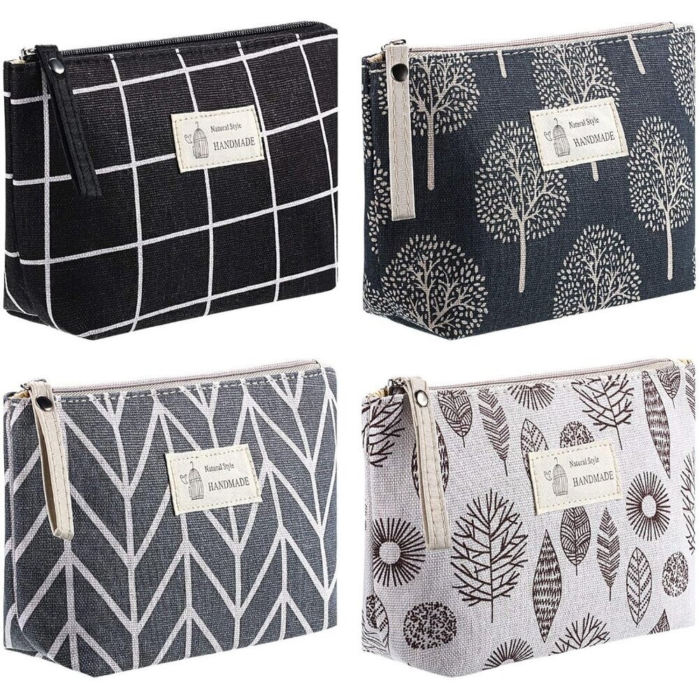4 Pieces Canvas Cosmetic Bags Set Printed Makeup Bags with Zipper Multi-Function